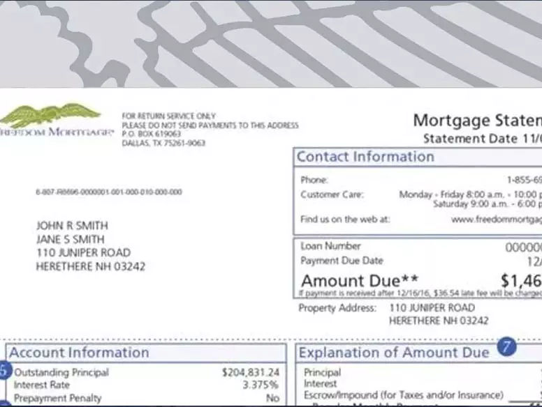 Closeup shot of a Freedom Mortgage monthly statement