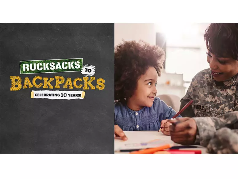 Military mom coloring with daughter, Rucksacks to Backpacks logo